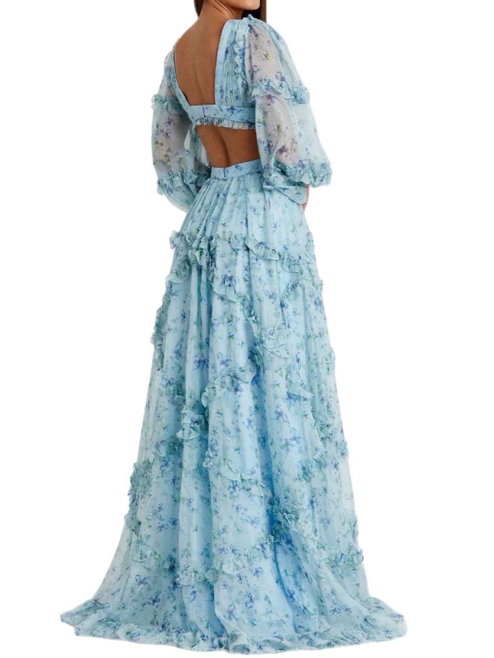 NWT Mac Duggal $498 MSRP Sky Blue Floral Long Sleeve Cutout Ruffle Tiered Gown - Picture 2 of 10